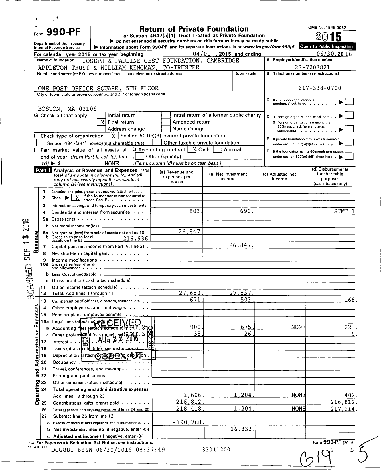 Image of first page of 2015 Form 990PF for Joseph and Pauline Gest Foundation