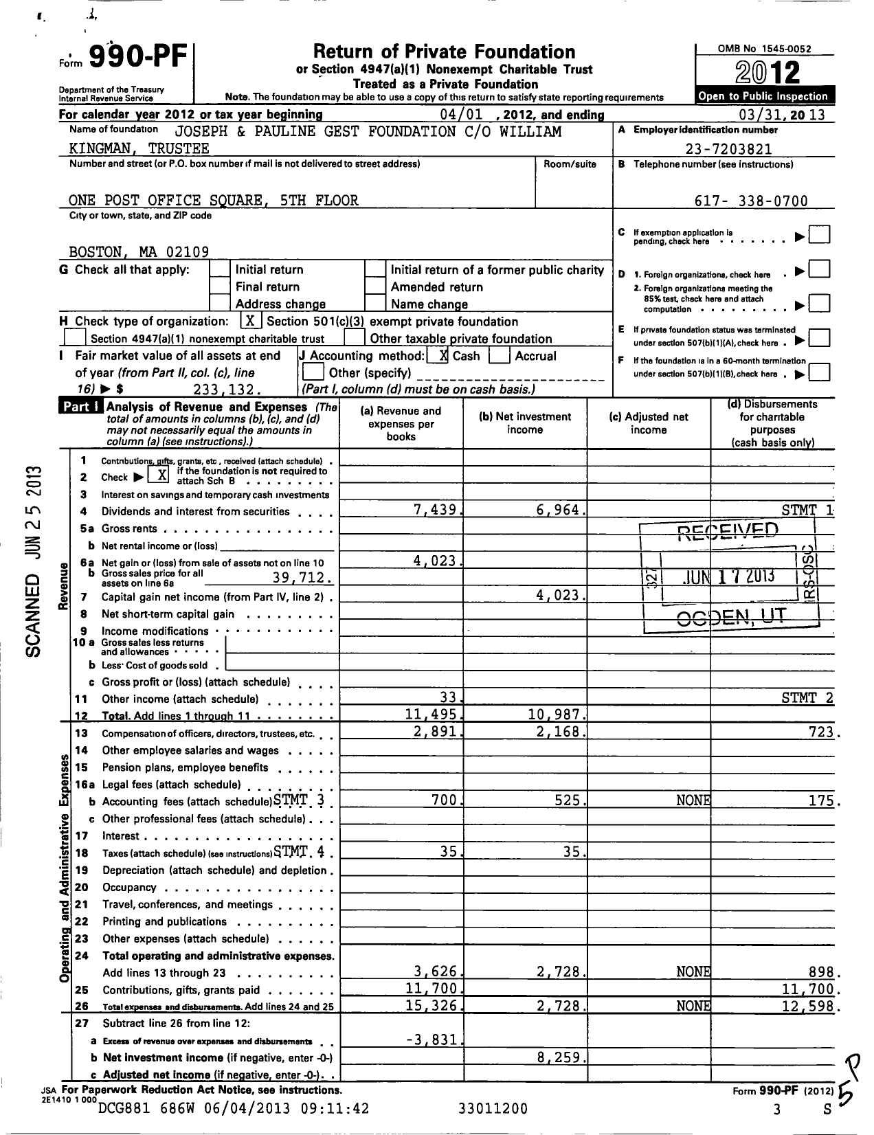 Image of first page of 2012 Form 990PF for Joseph and Pauline Gest Foundation