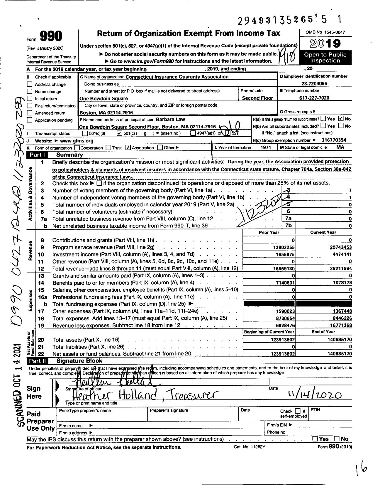 Image of first page of 2019 Form 990O for Connecticut Insurance Guaranty Association (CIGA)