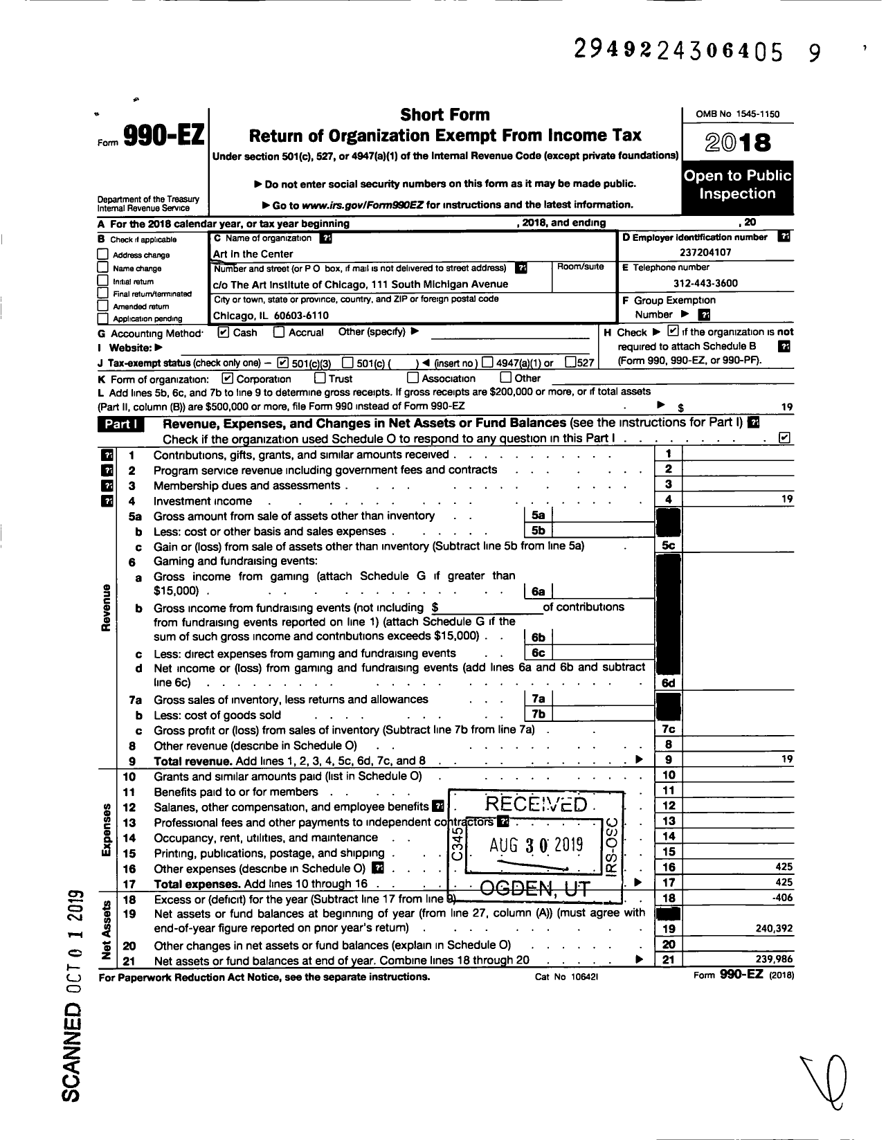 Image of first page of 2018 Form 990EZ for Art in the Center