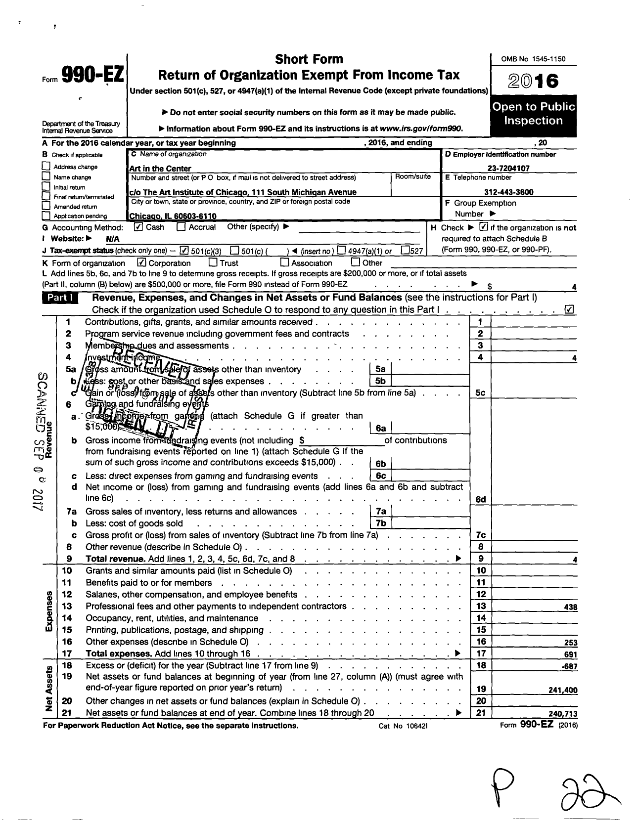 Image of first page of 2016 Form 990EZ for Art in the Center