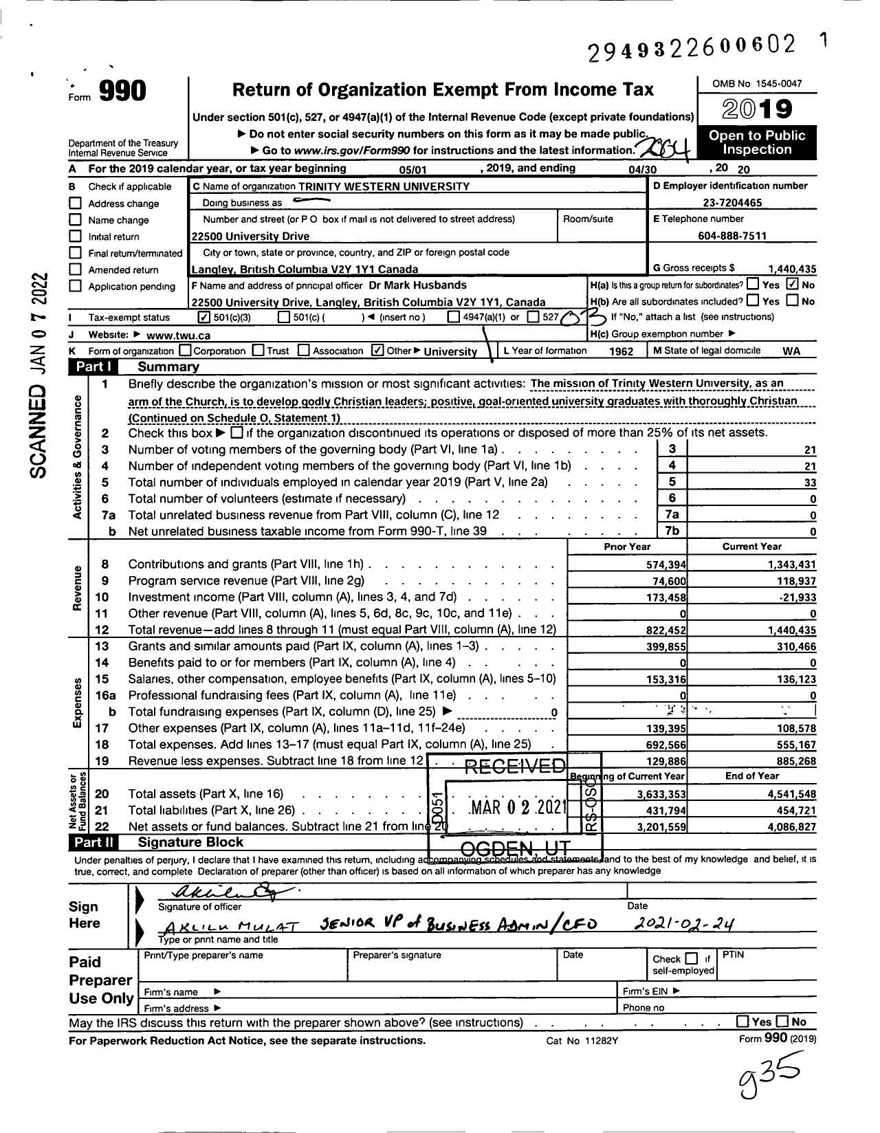 Image of first page of 2019 Form 990 for Trinity Western University