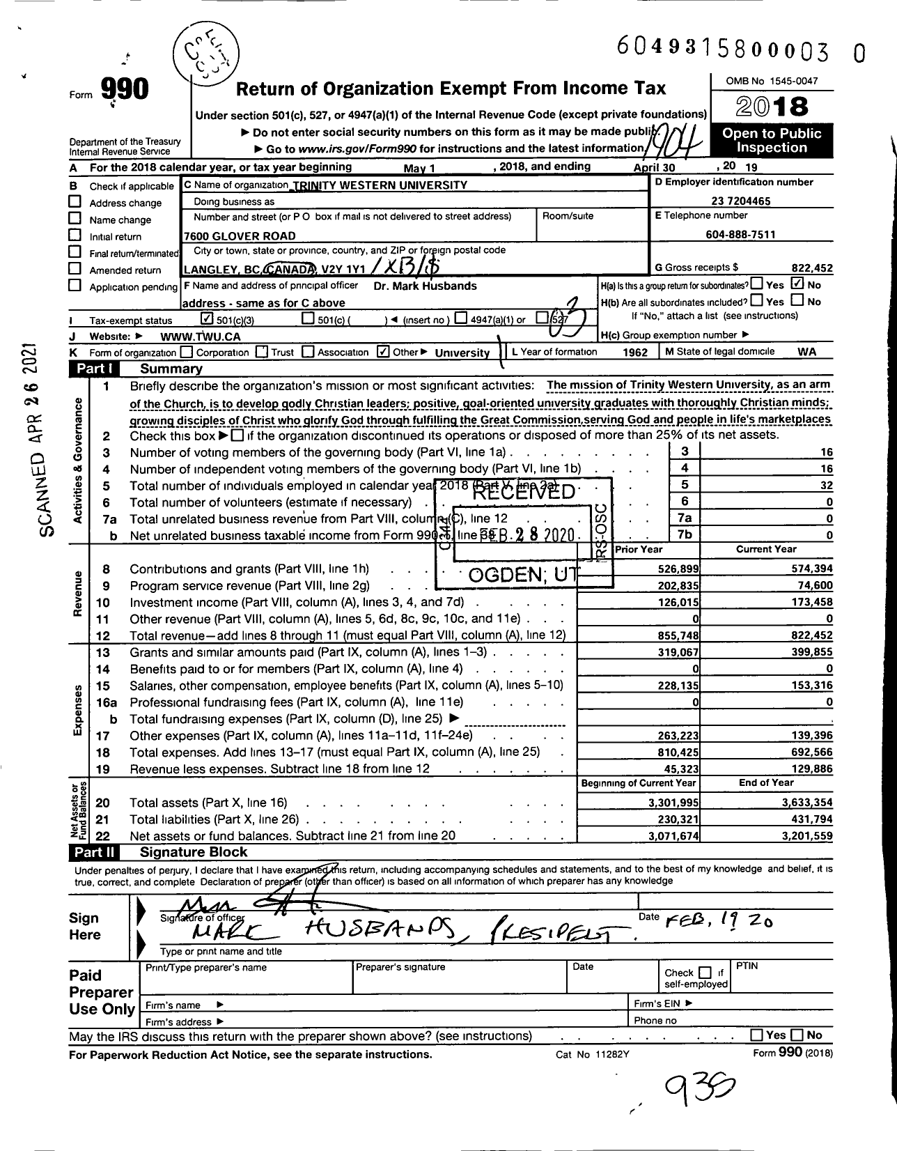 Image of first page of 2018 Form 990 for Trinity Western University