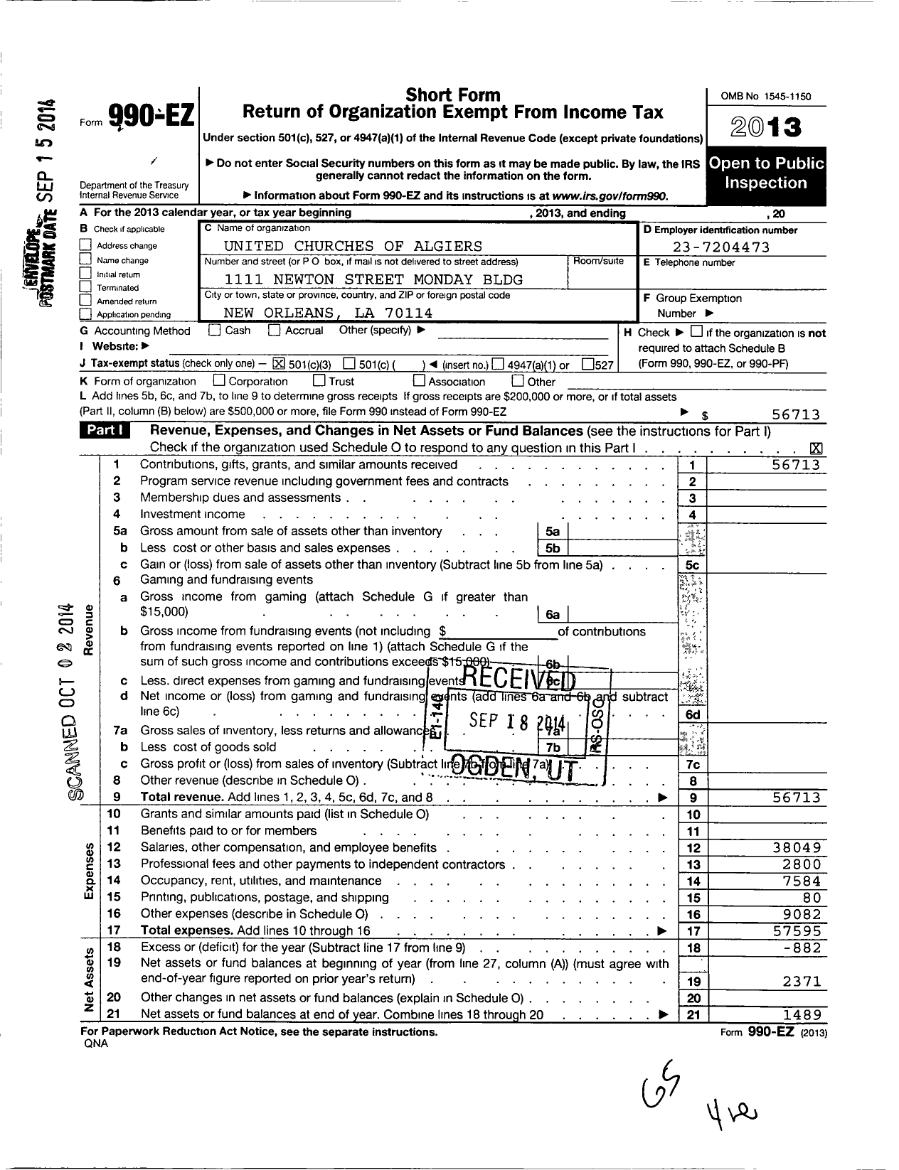 Image of first page of 2013 Form 990EZ for United Churches of Algiers Emergency Fund