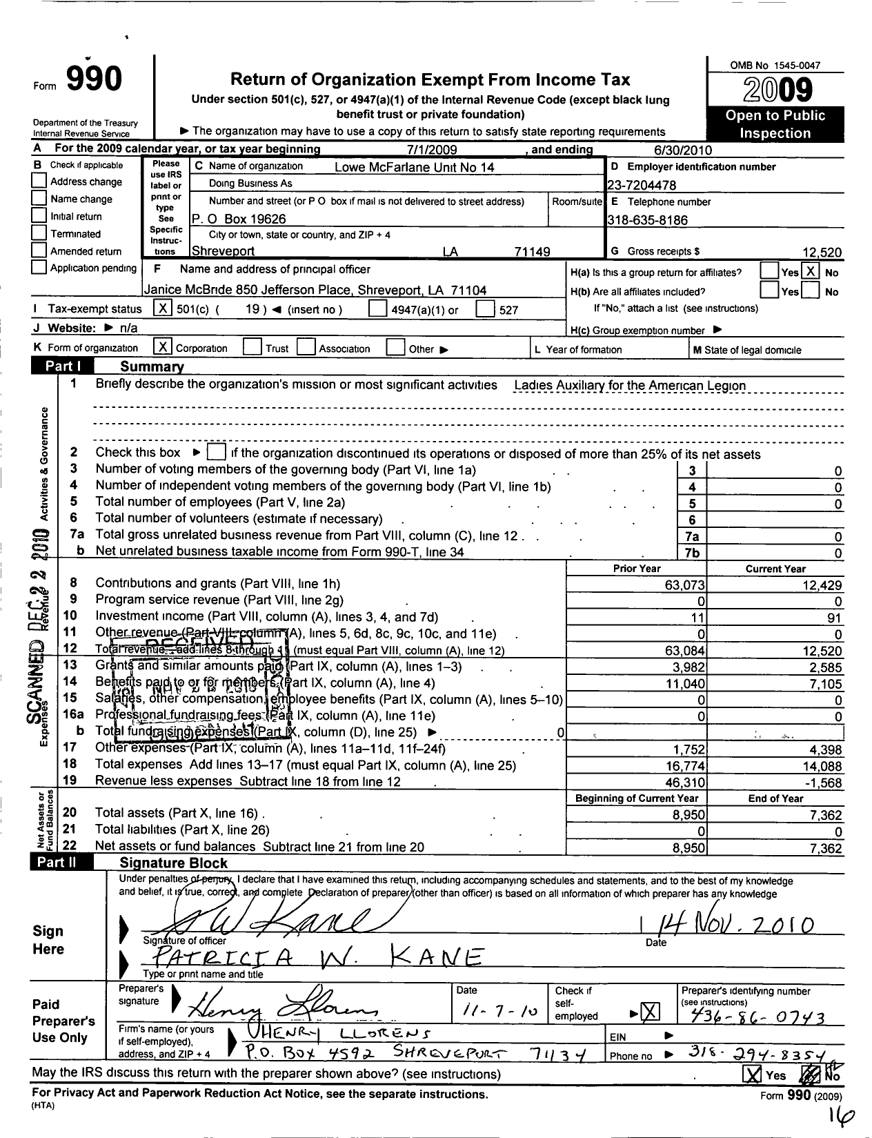 Image of first page of 2009 Form 990O for American Legion Auxiliary - 14 Lowe Mcfarlane