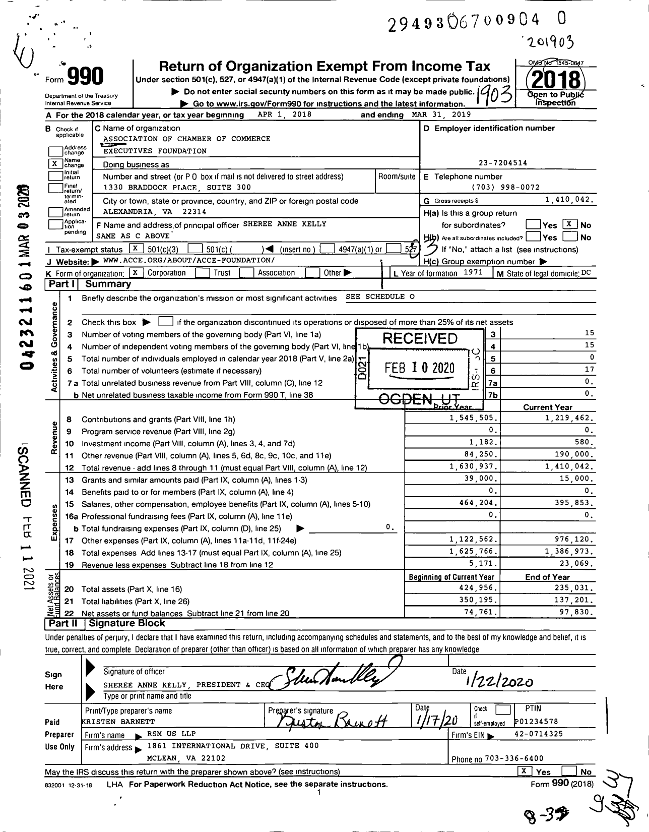 Image of first page of 2018 Form 990 for Association of Chamber of Commerce Executives Foundation