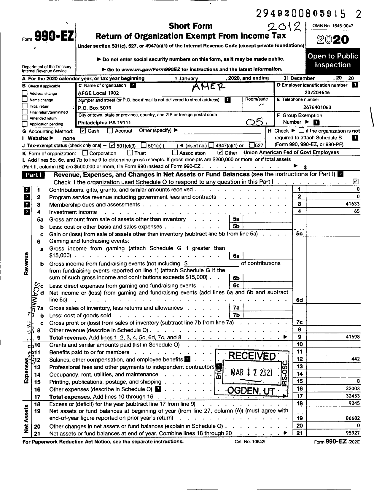 Image of first page of 2020 Form 990EO for American Federation of Government Employees - 1902 Local Afge Aafes