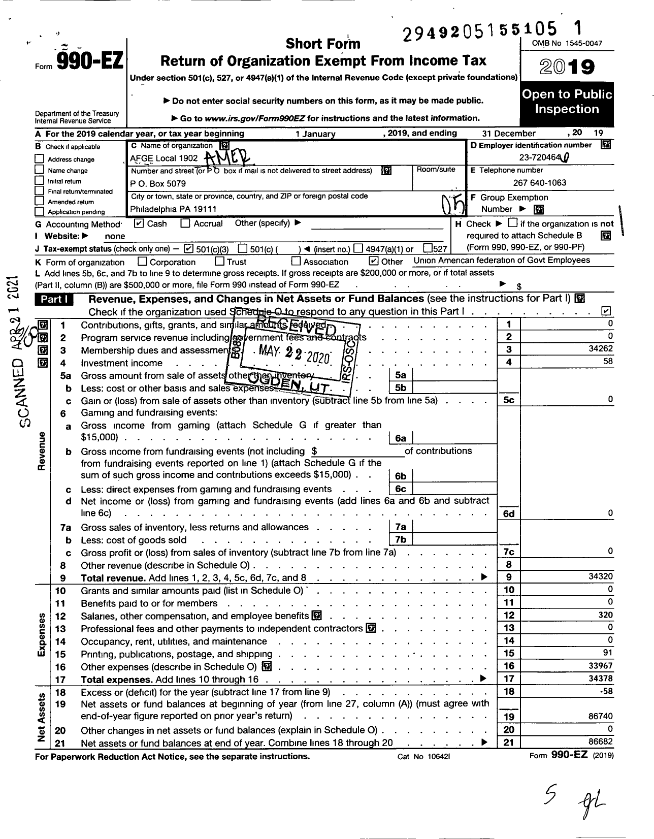 Image of first page of 2019 Form 990EO for American Federation of Government Employees - 1902 Local Afge Aafes