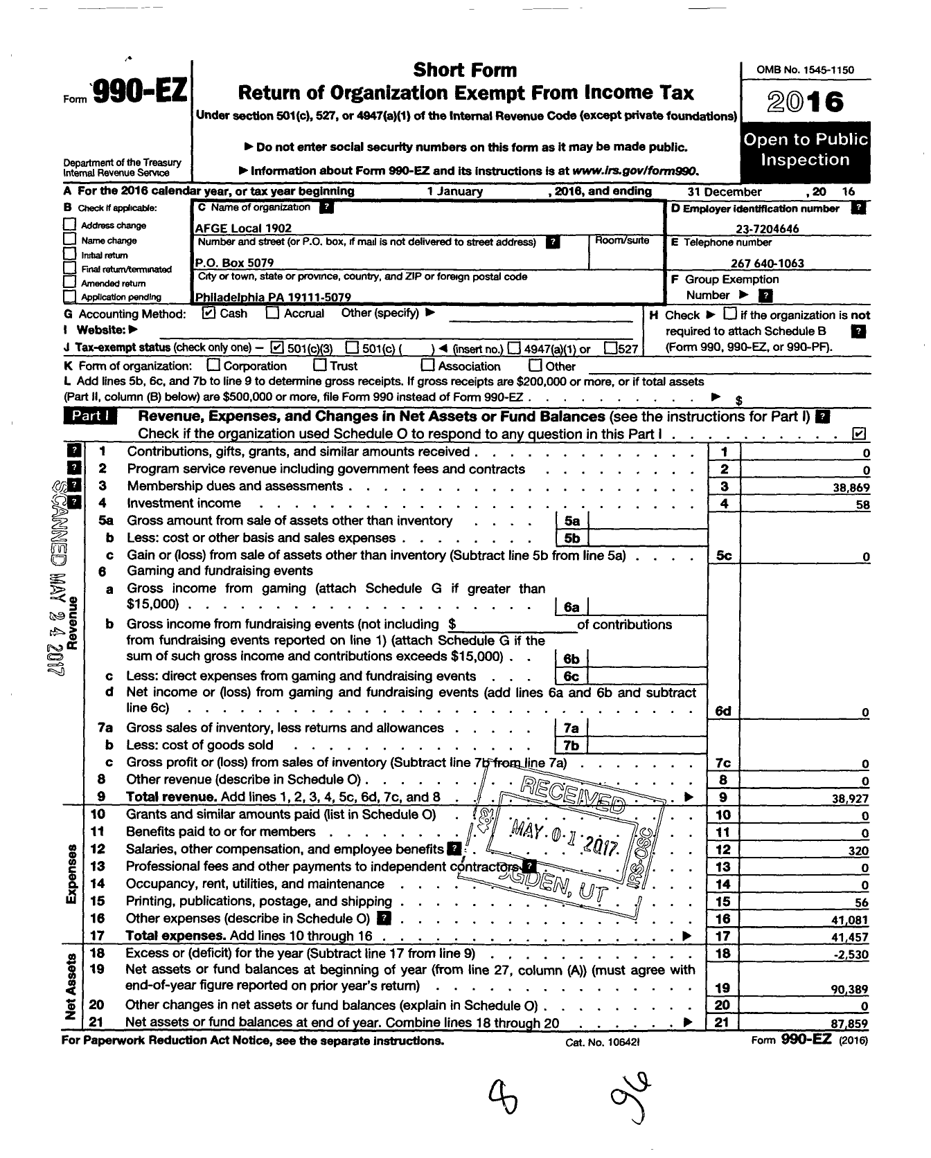 Image of first page of 2016 Form 990EZ for American Federation of Government Employees - 1902 Local Afge Aafes