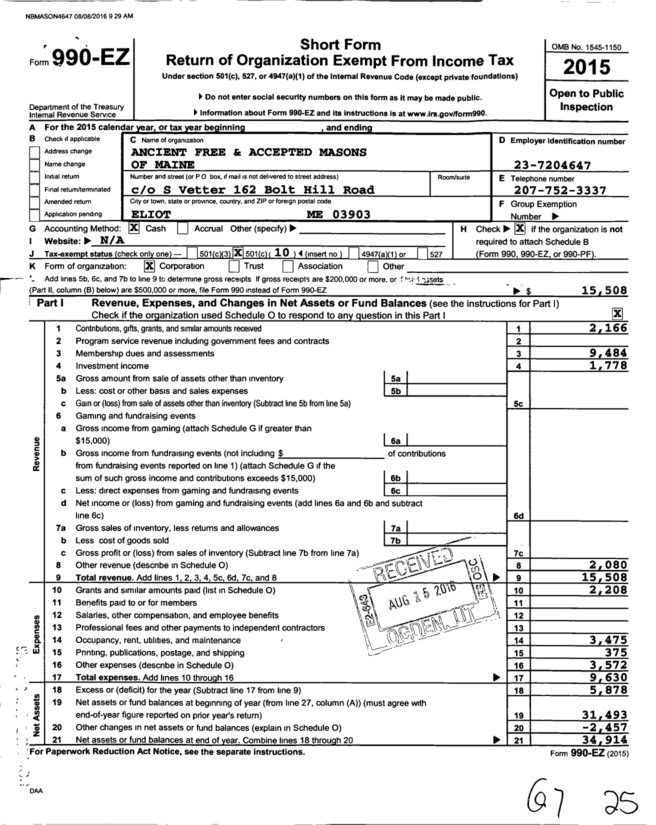 Image of first page of 2015 Form 990EO for Grand Lodge of Maine Yorkshire Lodge No 179 A F and A M