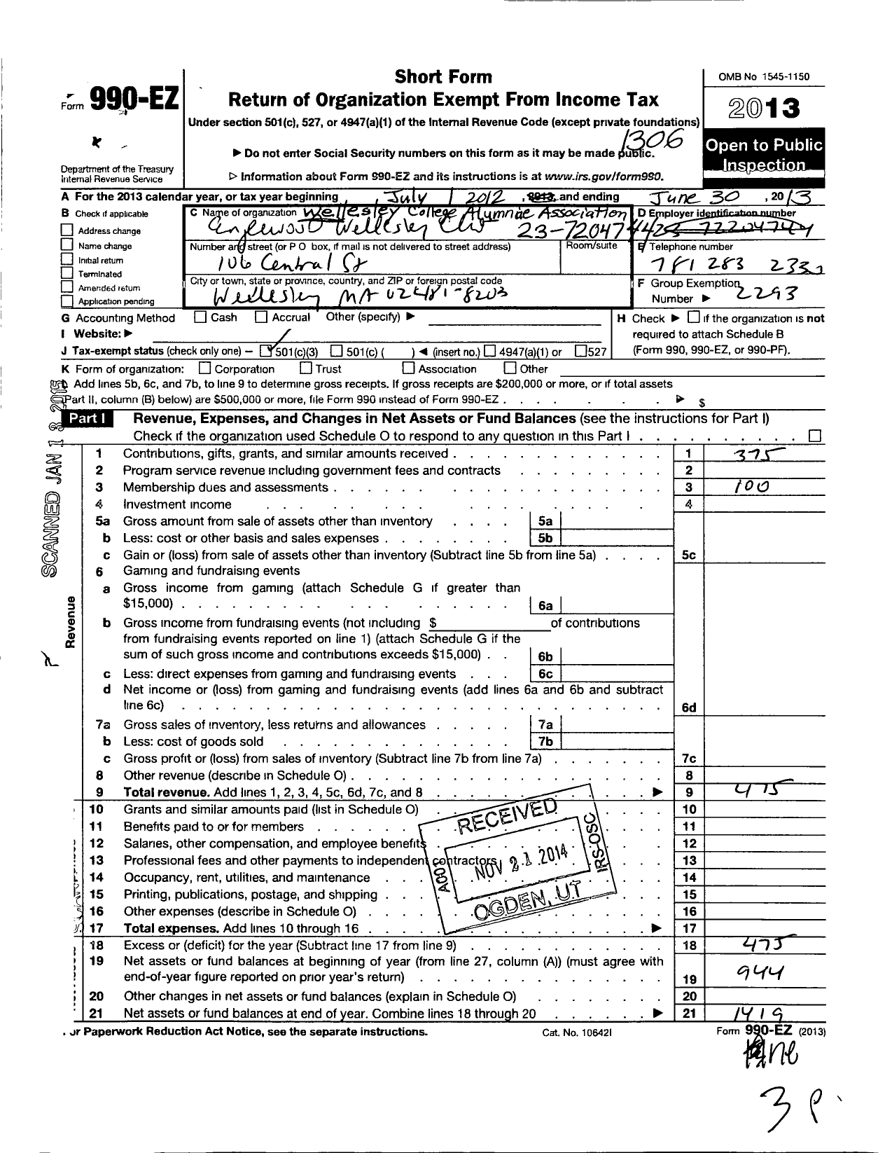 Image of first page of 2012 Form 990EZ for Wellesley College Alumnae Association / Englewood Wellesley Club