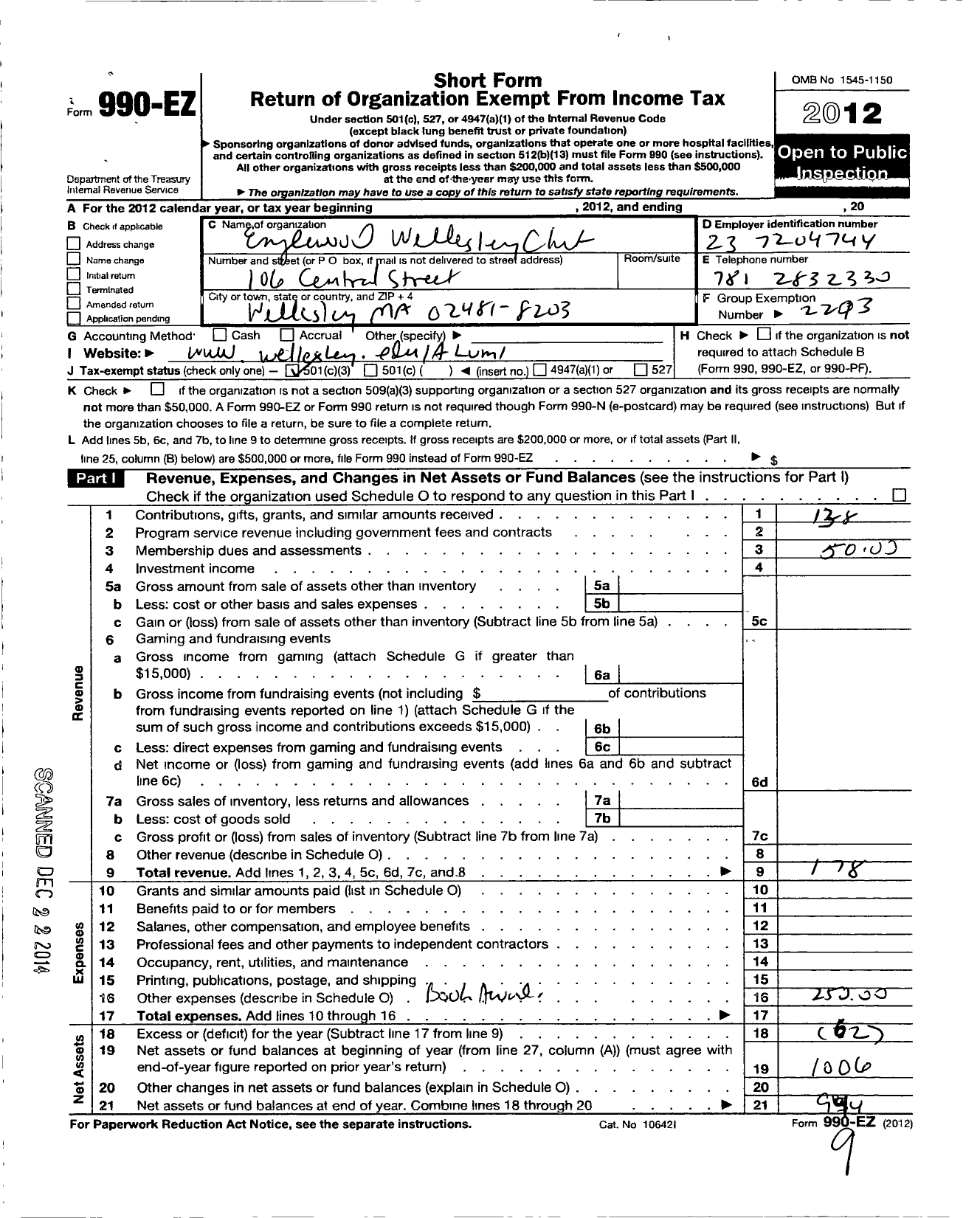 Image of first page of 2012 Form 990EZ for Wellesley College Alumnae Association / Englewood Wellesley Club