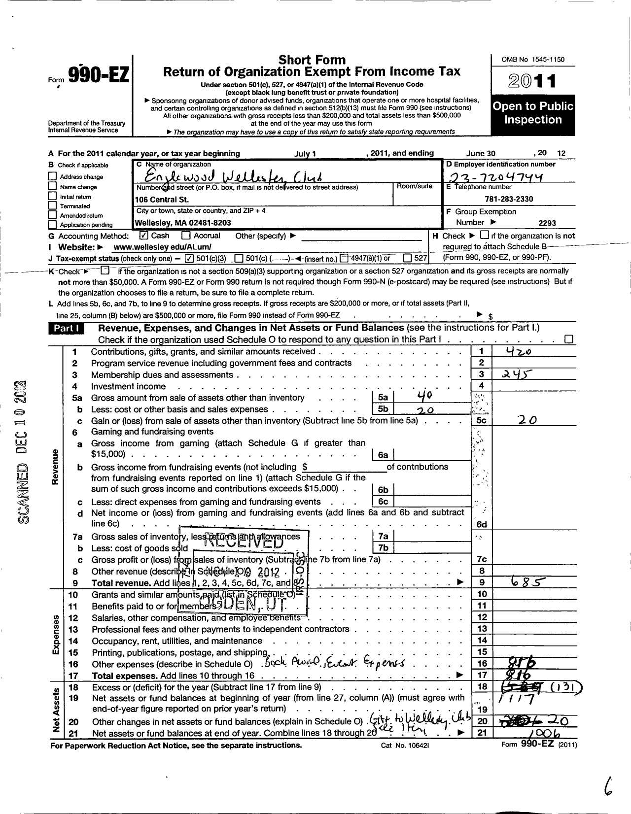 Image of first page of 2011 Form 990EZ for Wellesley College Alumnae Association / Englewood Wellesley Club