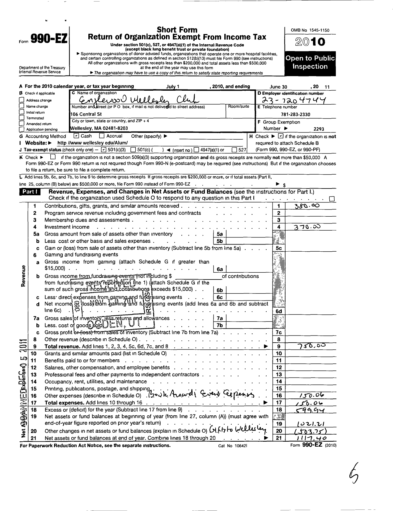 Image of first page of 2010 Form 990EZ for Wellesley College Alumnae Association / Englewood Wellesley Club