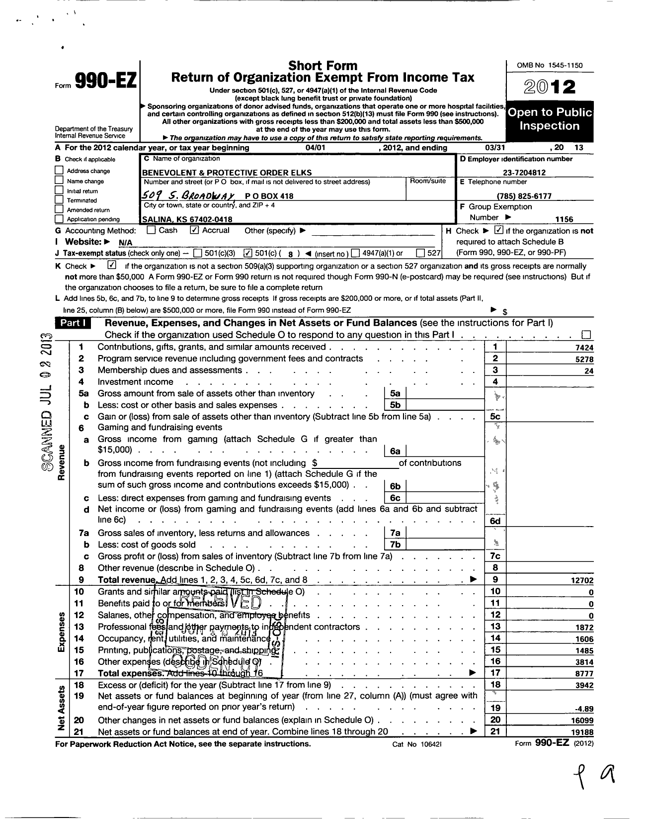 Image of first page of 2012 Form 990EO for Benevolent and Protective Order of Elks - 718 Salina