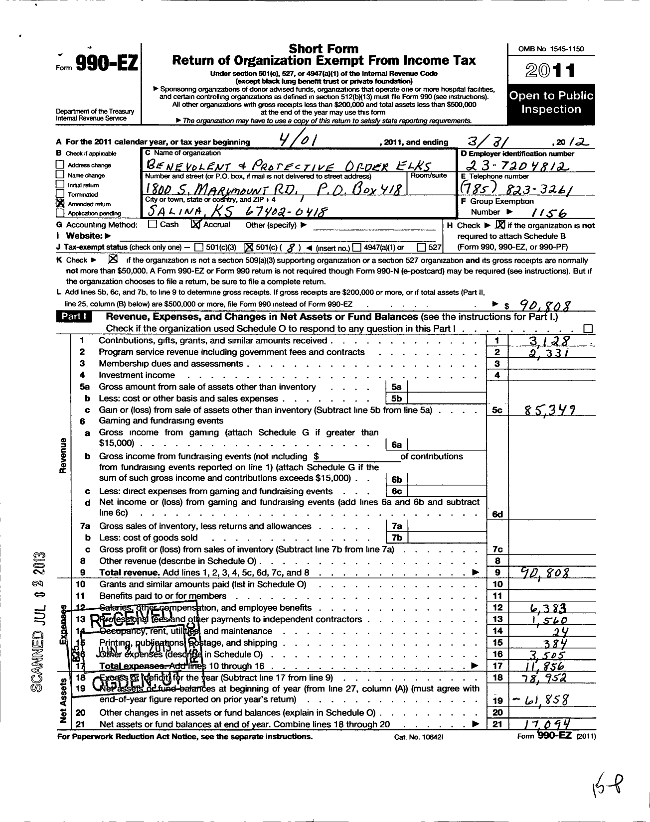 Image of first page of 2011 Form 990EO for Benevolent and Protective Order of Elks - 718 Salina