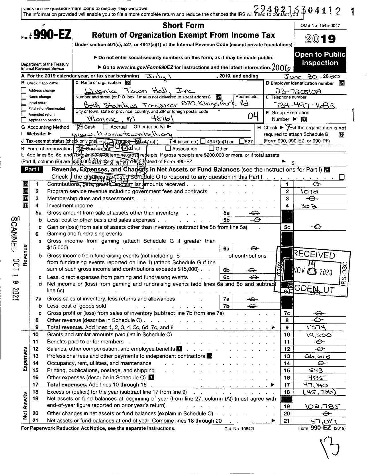 Image of first page of 2019 Form 990EO for Livonia Town Hall