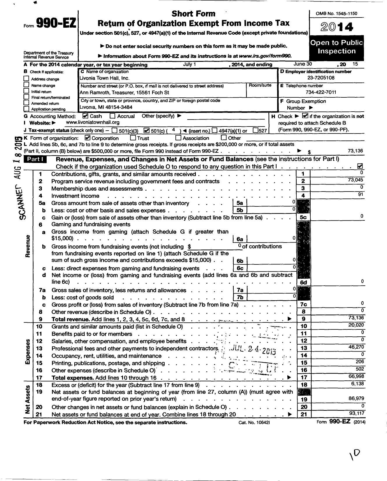 Image of first page of 2014 Form 990EO for Livonia Town Hall