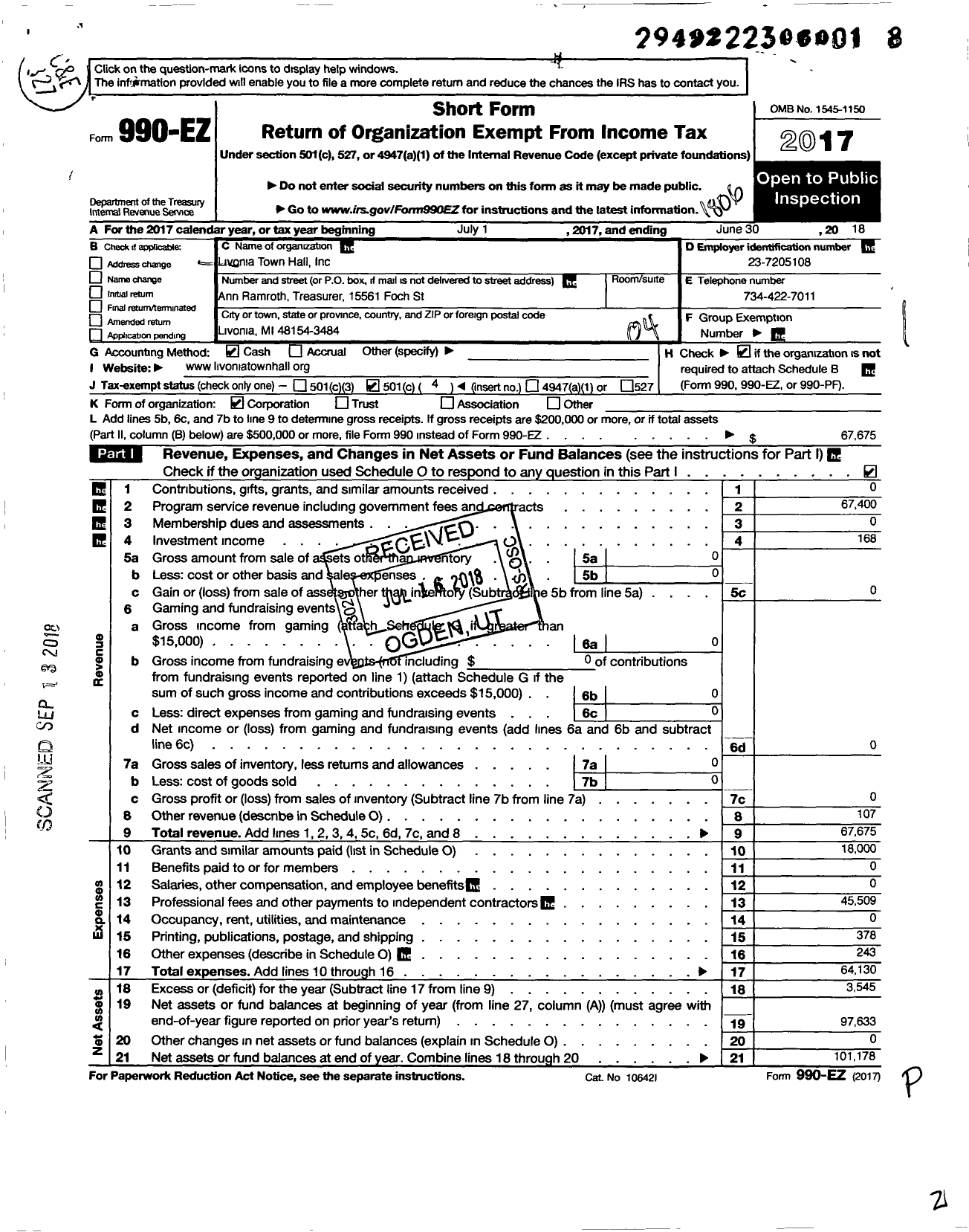 Image of first page of 2017 Form 990EO for Livonia Town Hall