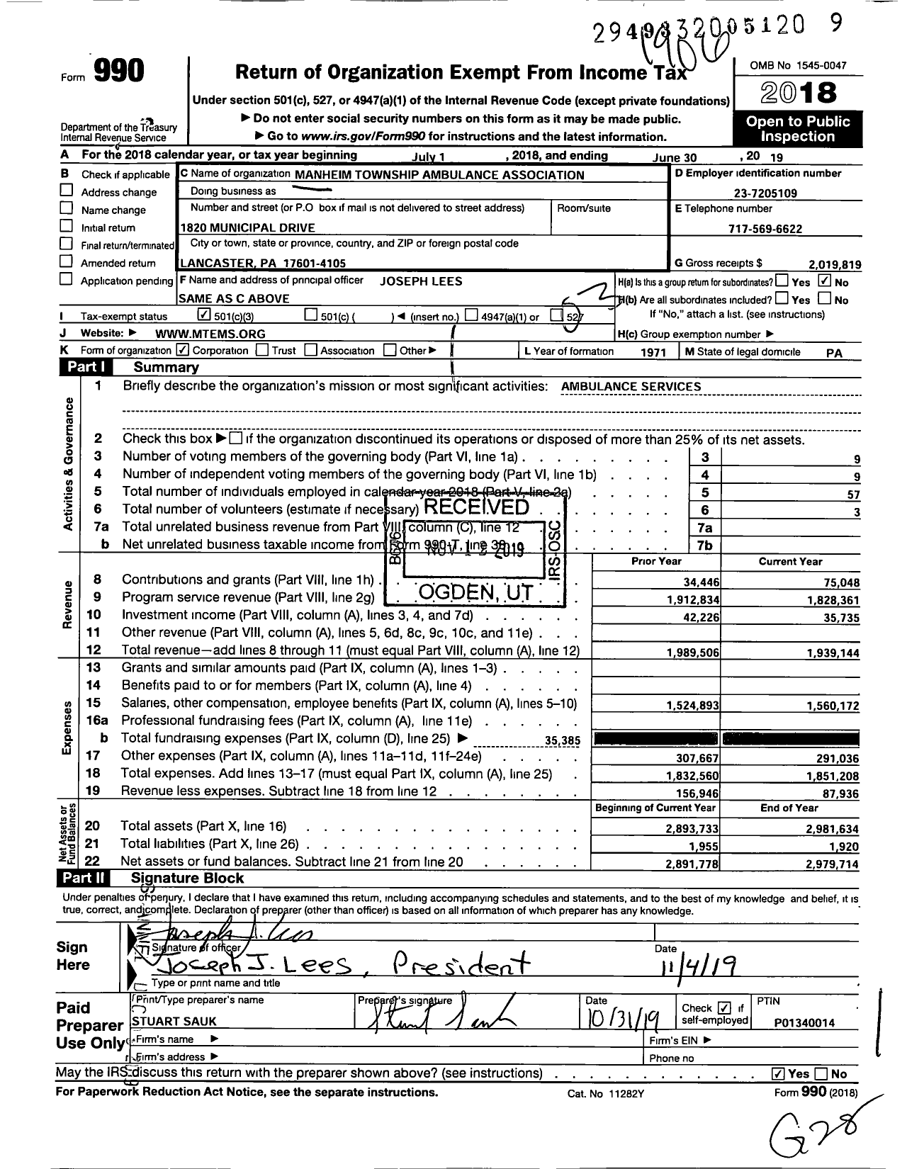 Image of first page of 2018 Form 990 for Manheim Township Ambulance Association