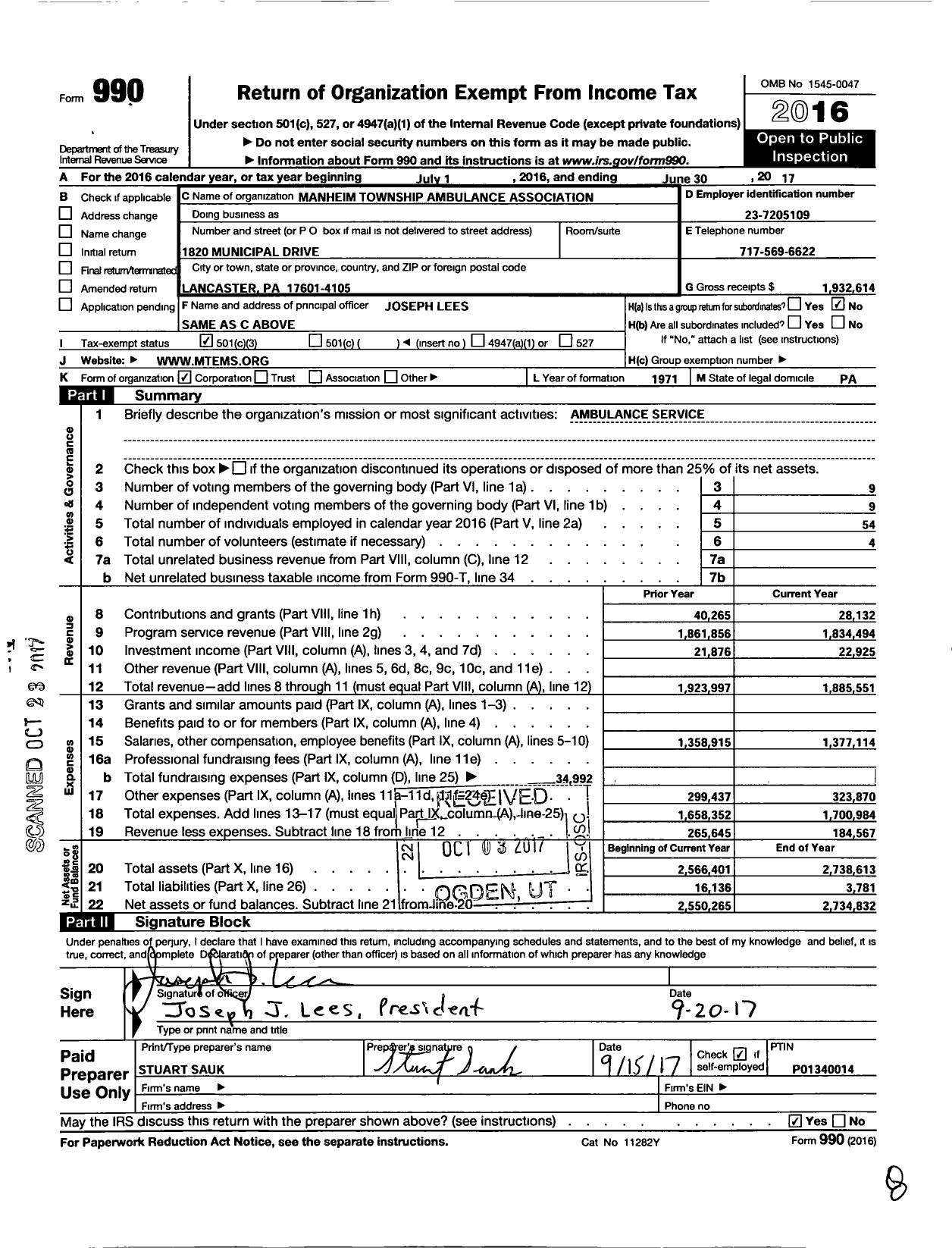 Image of first page of 2016 Form 990 for Manheim Township Ambulance Association