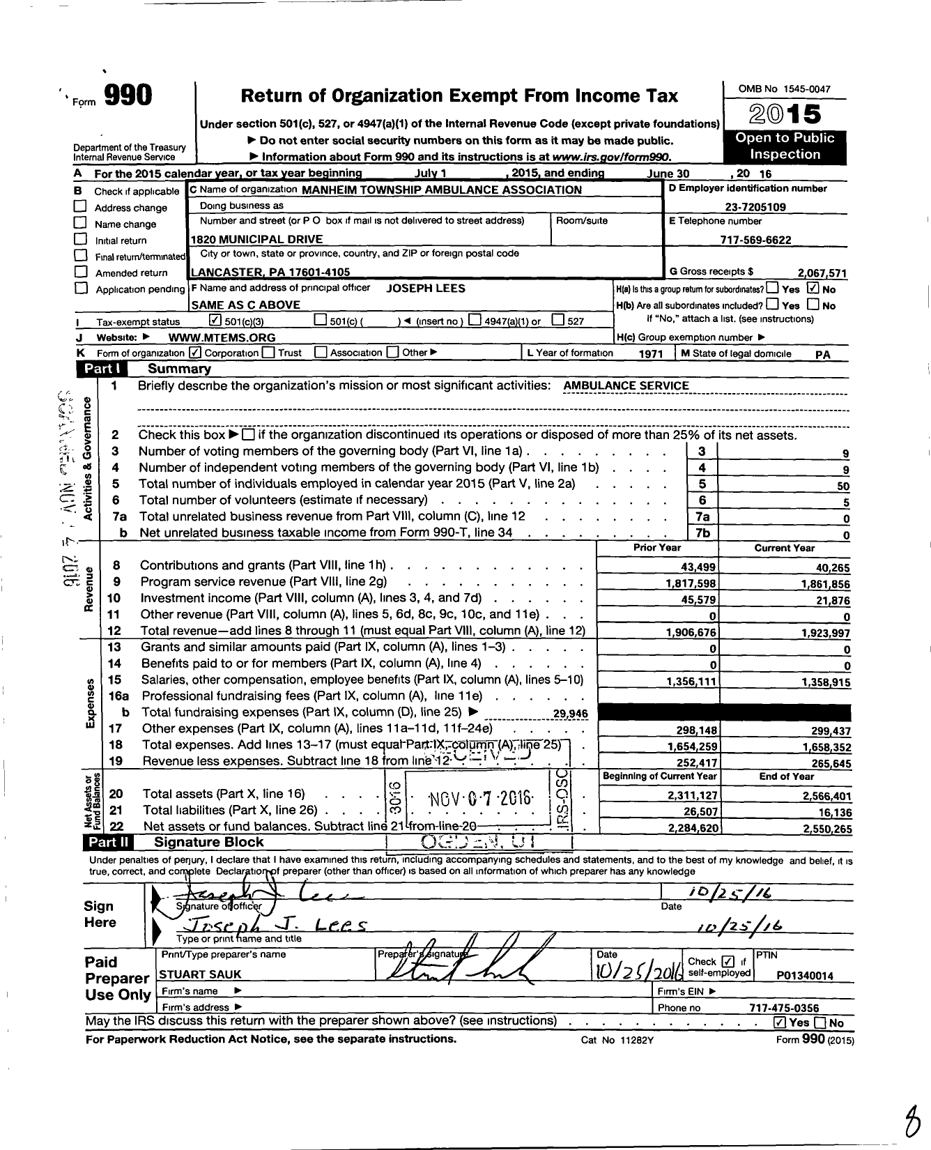 Image of first page of 2015 Form 990 for Manheim Township Ambulance Association