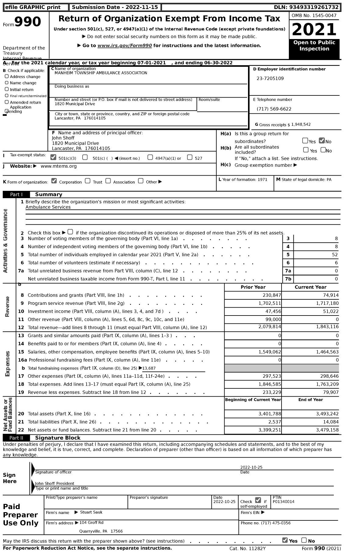 Image of first page of 2021 Form 990 for Manheim Township Ambulance Association