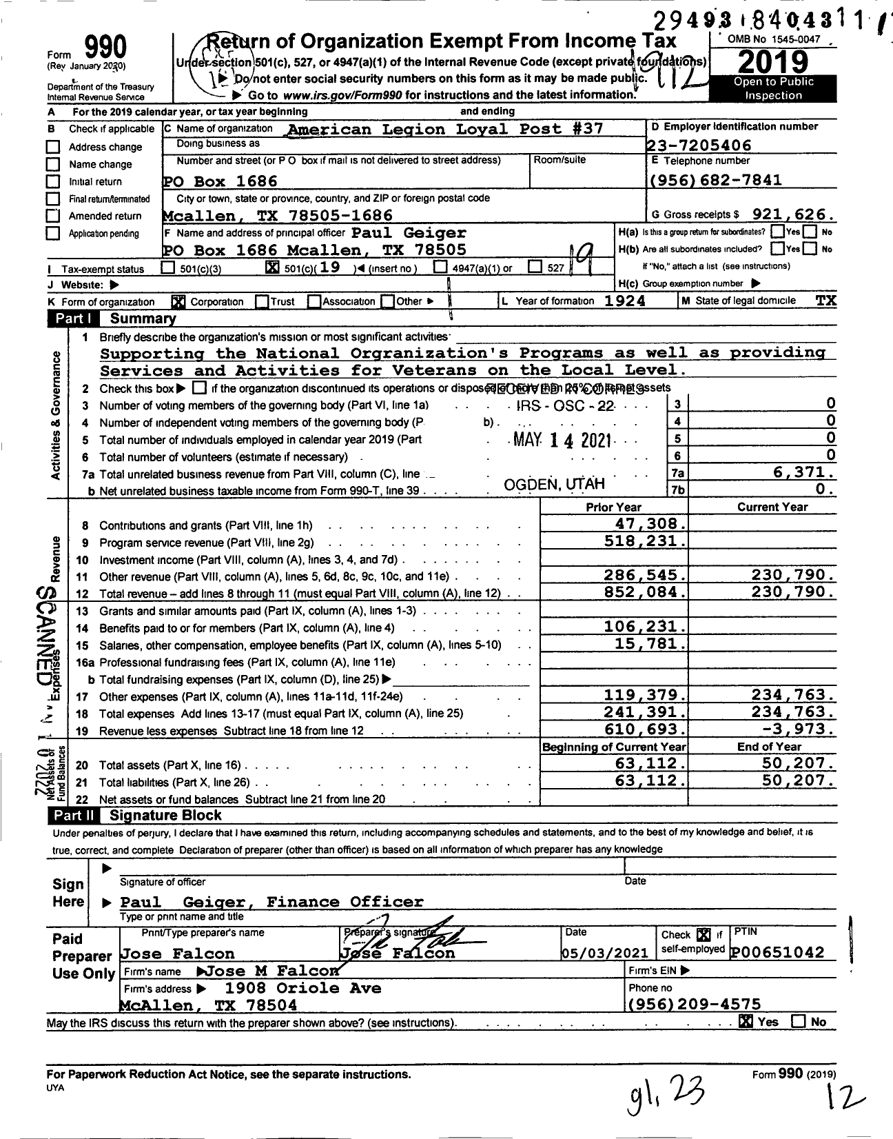 Image of first page of 2019 Form 990O for American Legion - 37 Loyal Service Post