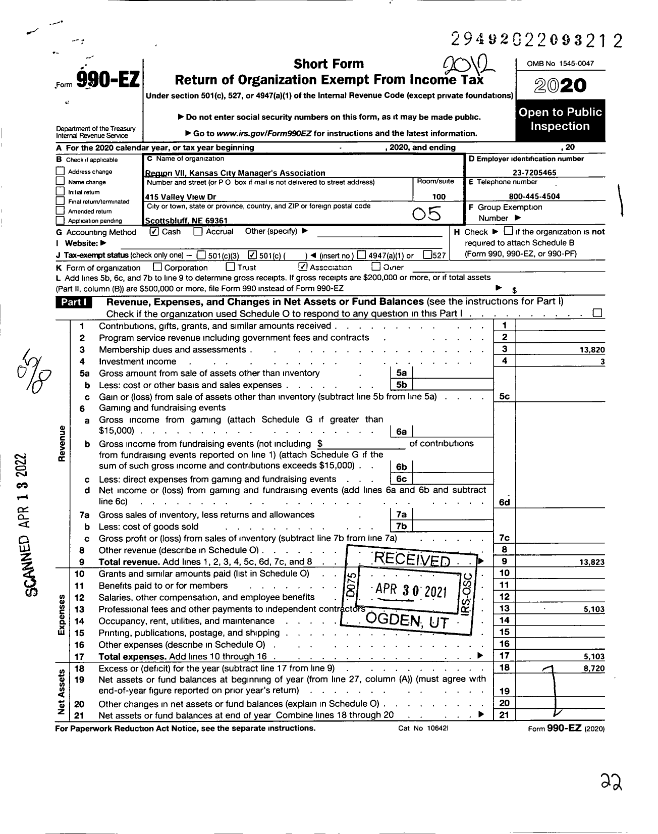 Image of first page of 2020 Form 990EO for Region Vii Kansas City Managers Association