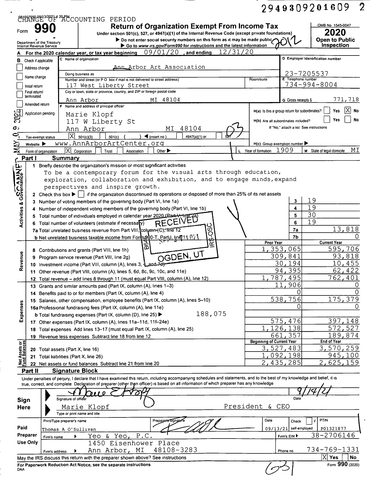 Image of first page of 2020 Form 990 for Ann Arbor Art Association