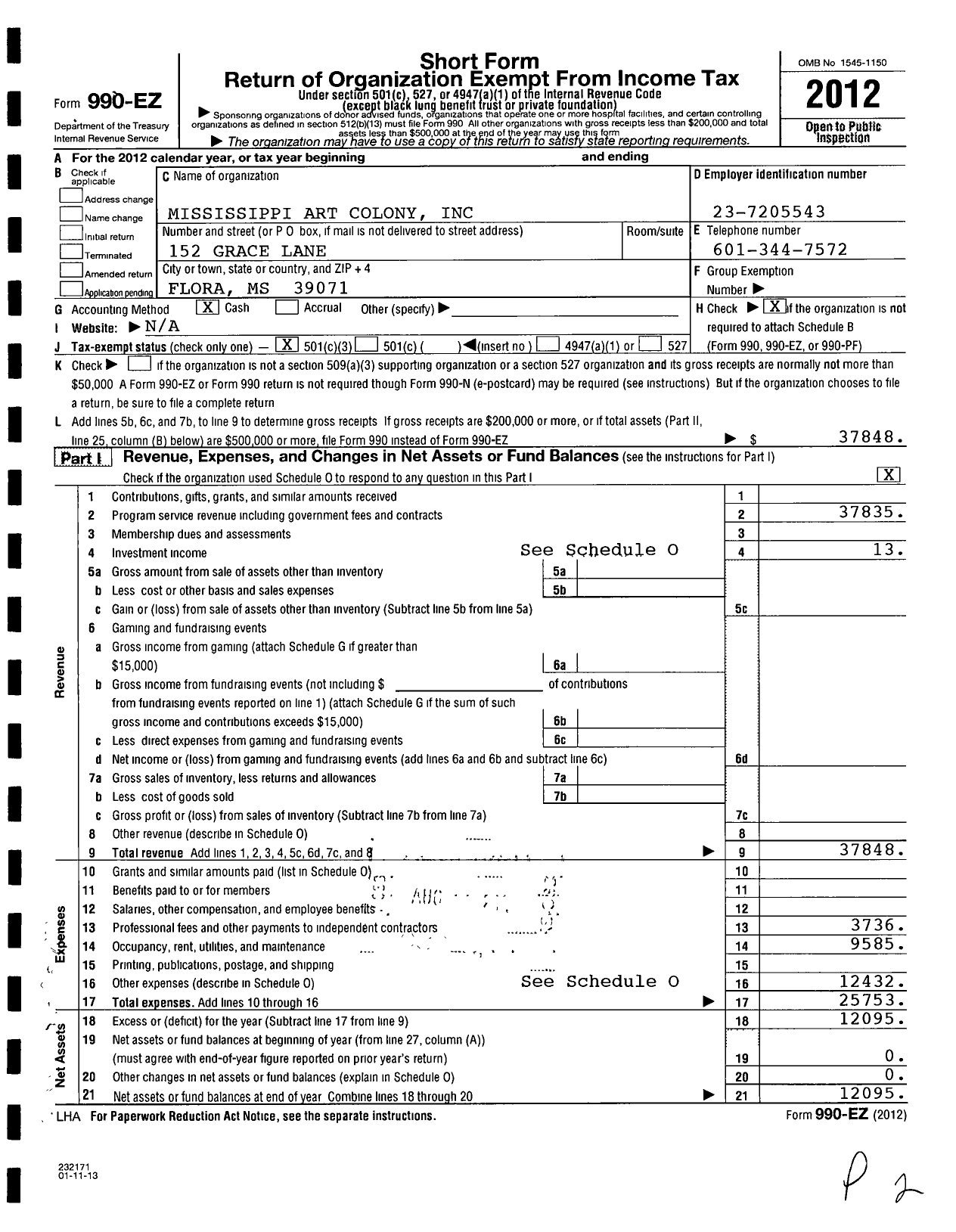 Image of first page of 2012 Form 990EZ for Mississippi Art Colony