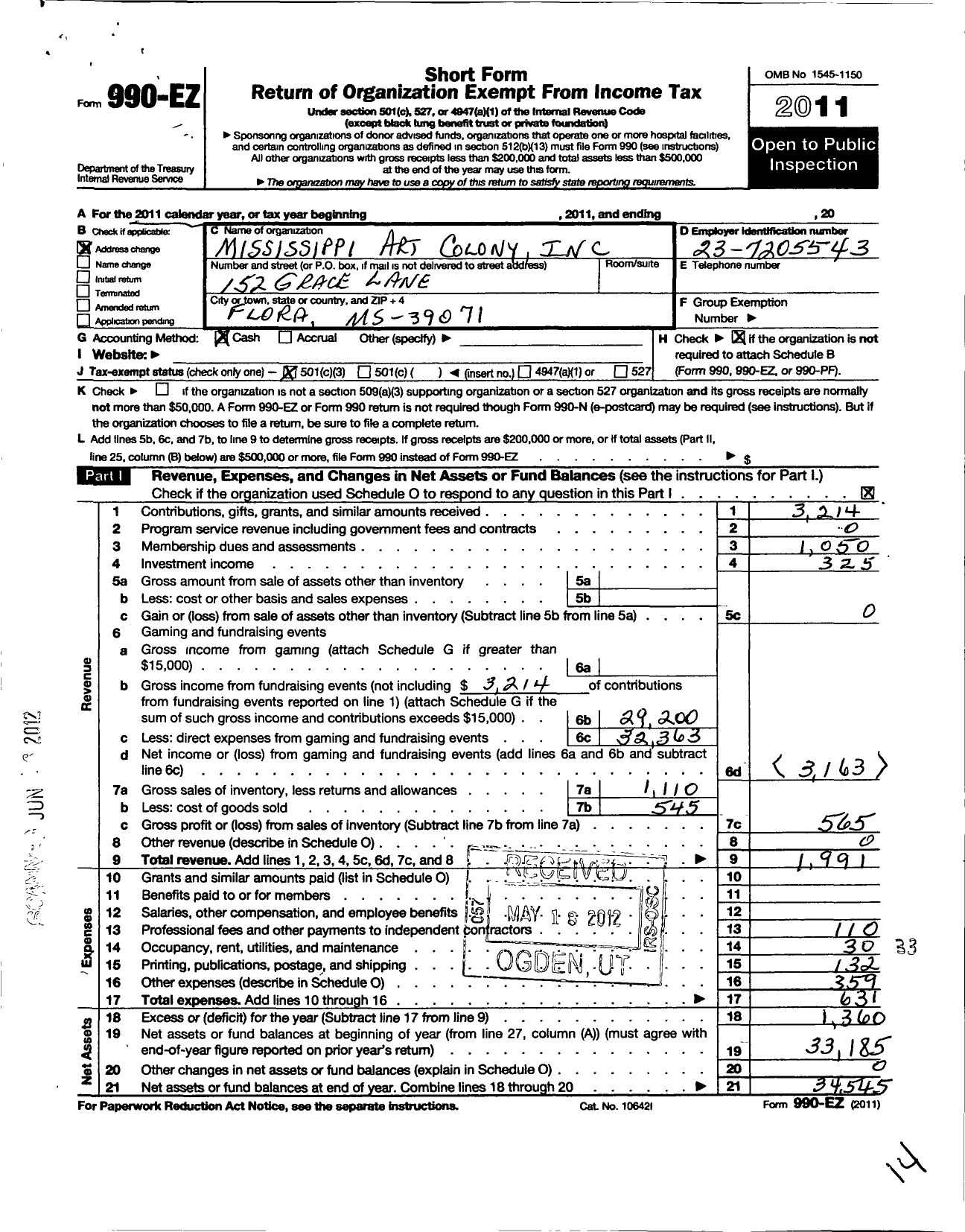 Image of first page of 2011 Form 990EZ for Mississippi Art Colony