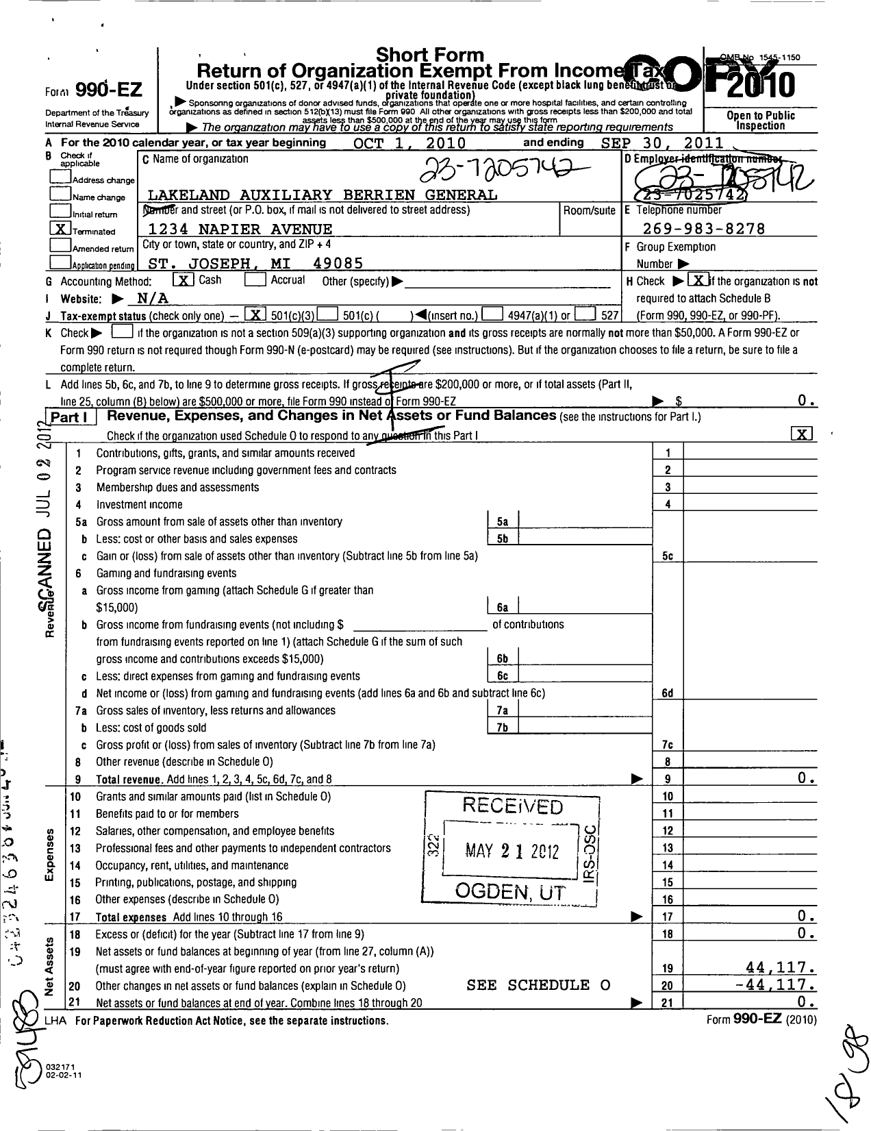 Image of first page of 2010 Form 990EZ for Berrien General Hospital Auxiliary