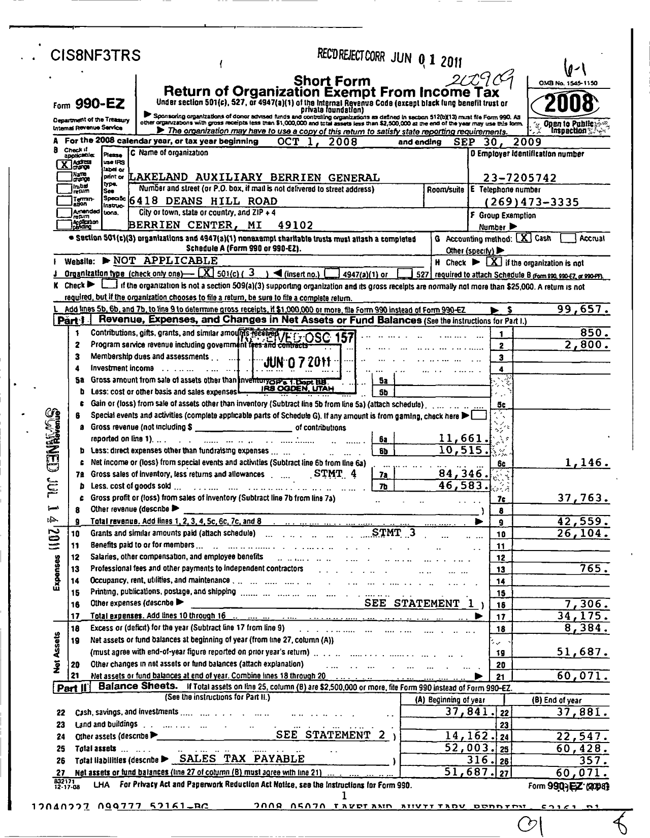 Image of first page of 2008 Form 990EZ for Berrien General Hospital Auxiliary