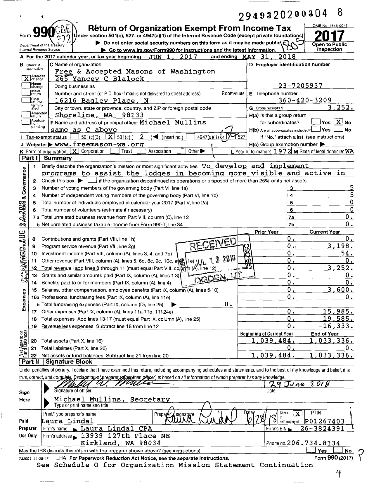 Image of first page of 2017 Form 990O for Free and Accepted Masons of Washington - 265 Yancey C Blalock