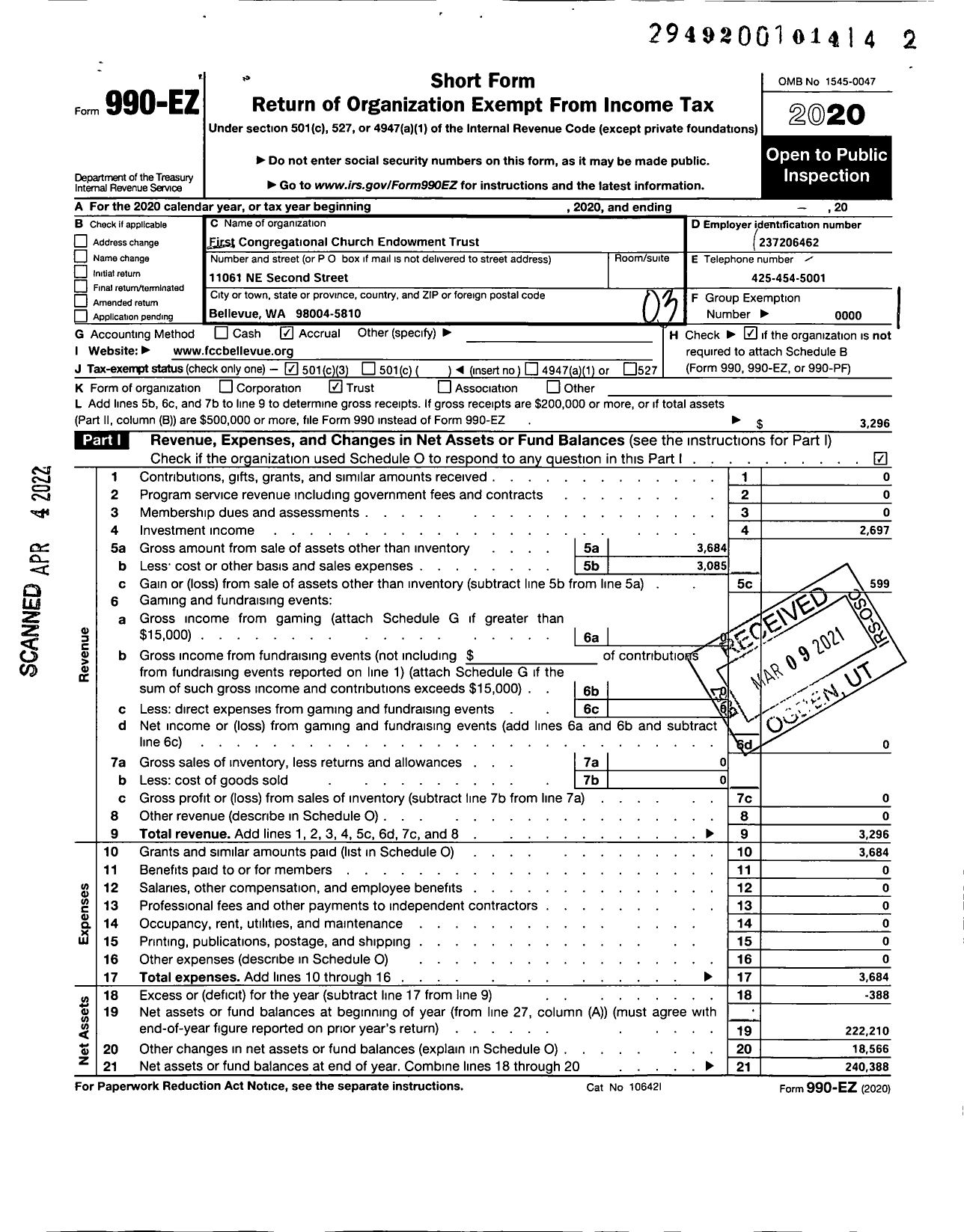 Image of first page of 2020 Form 990EZ for First Congregational Church Endowment Trust