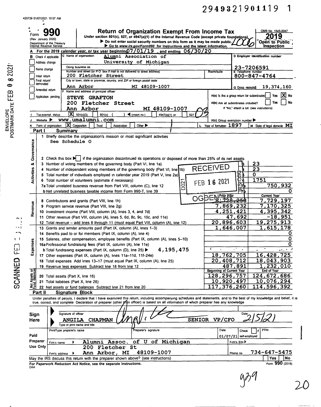 Image of first page of 2019 Form 990 for Alumni Association of the University of Michigan