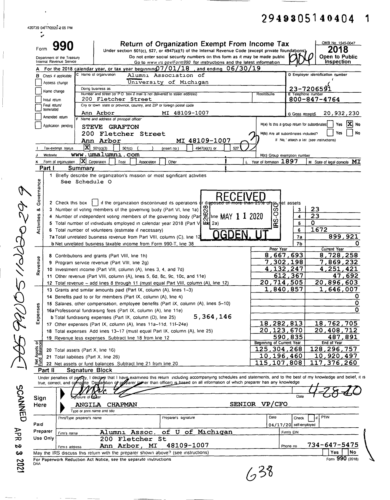 Image of first page of 2018 Form 990 for Alumni Association of the University of Michigan