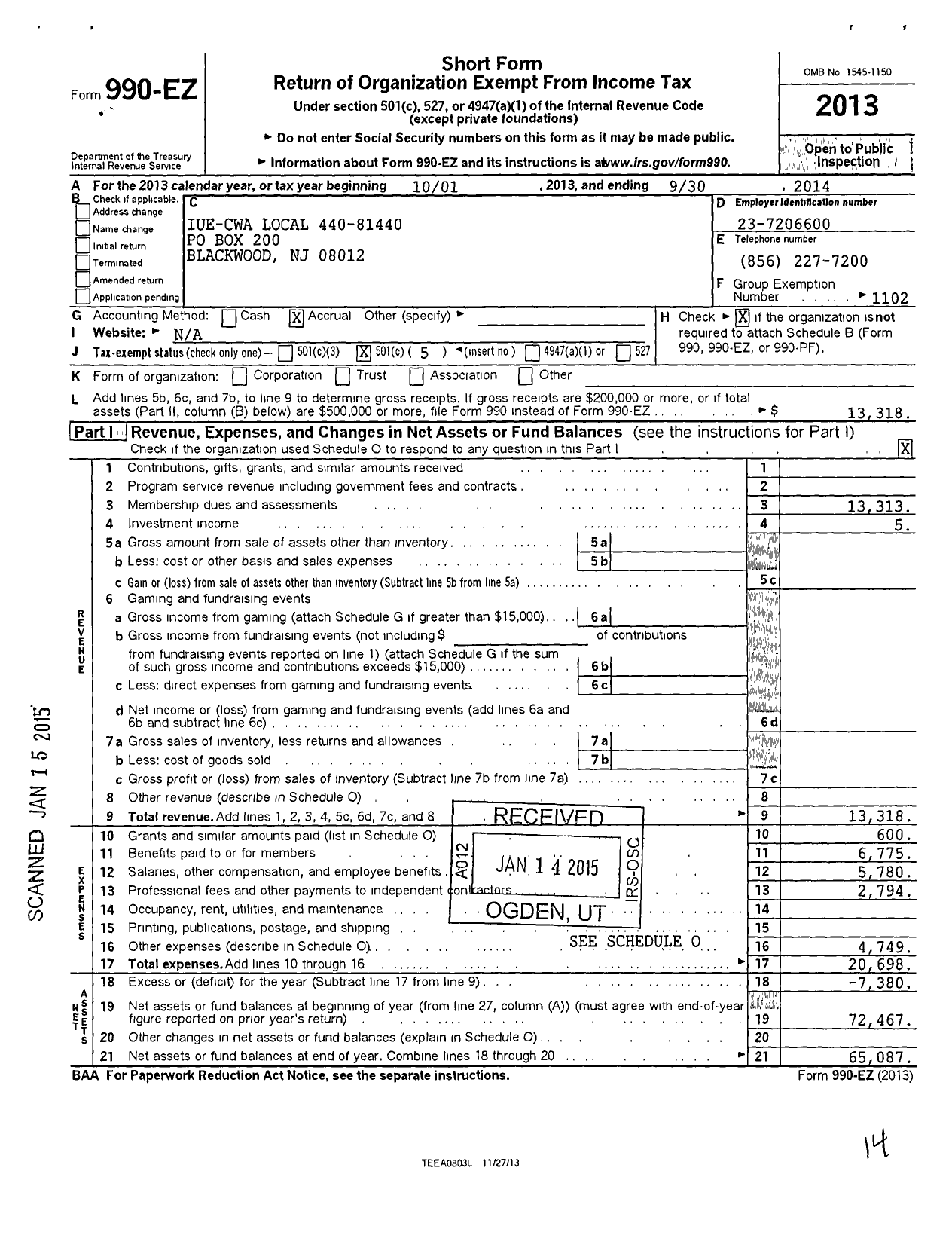 Image of first page of 2013 Form 990EO for Communications Workers of America - 81440 Local