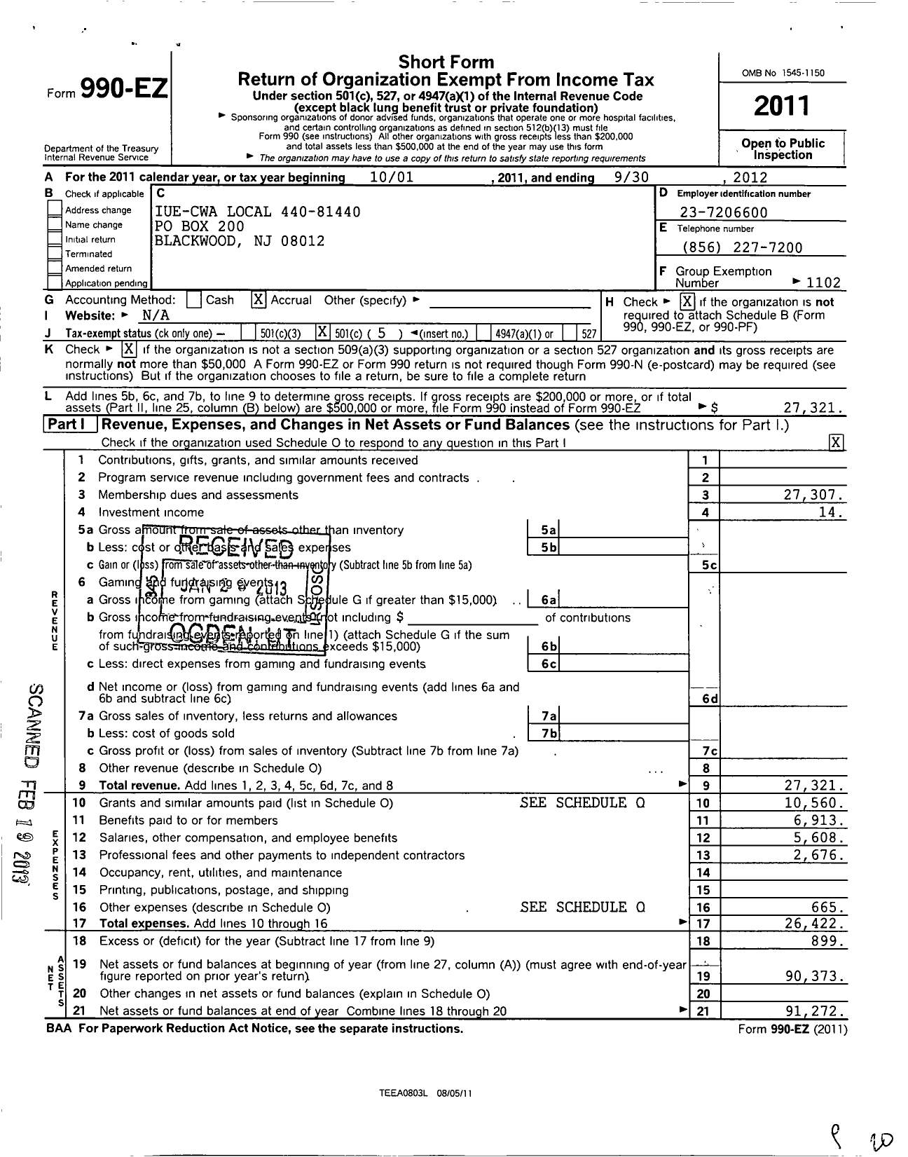 Image of first page of 2011 Form 990EO for Communications Workers of America - 81440 Local