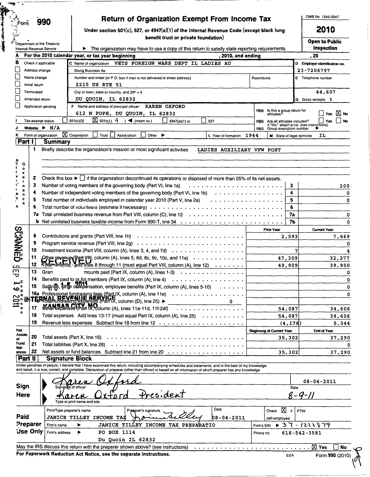 Image of first page of 2010 Form 990O for Dept of Illinois Ladies 513 Du Quoin Ladies Auxil