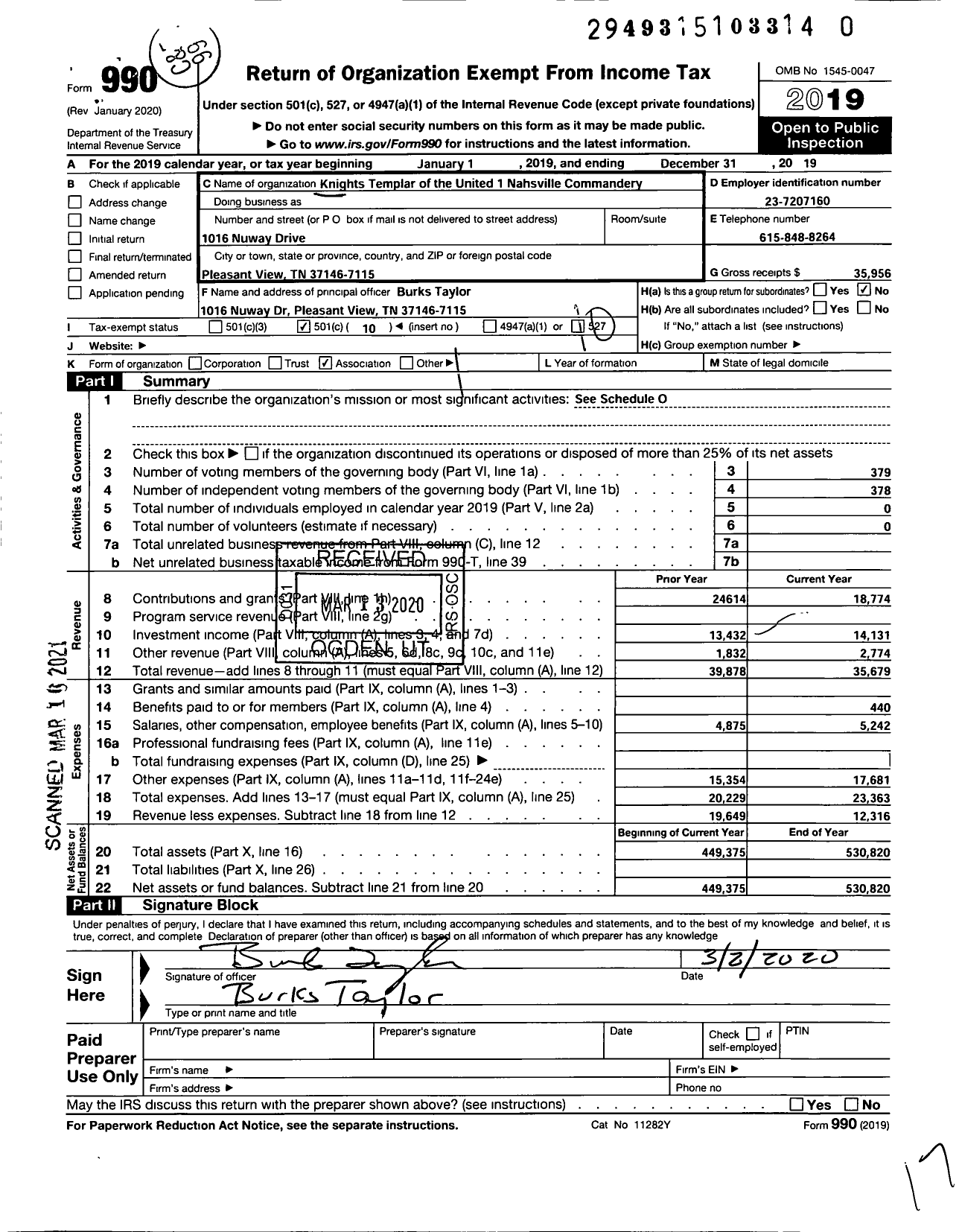 Image of first page of 2019 Form 990O for Nashville Commandery 1