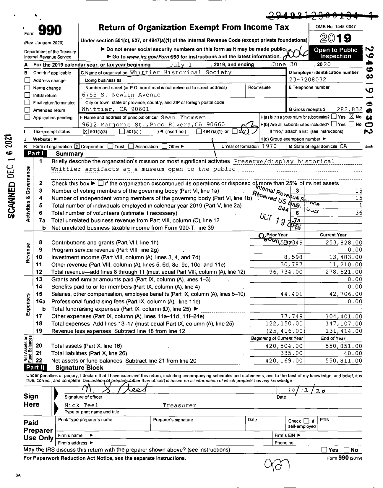 Image of first page of 2019 Form 990 for Whittier Historical Society