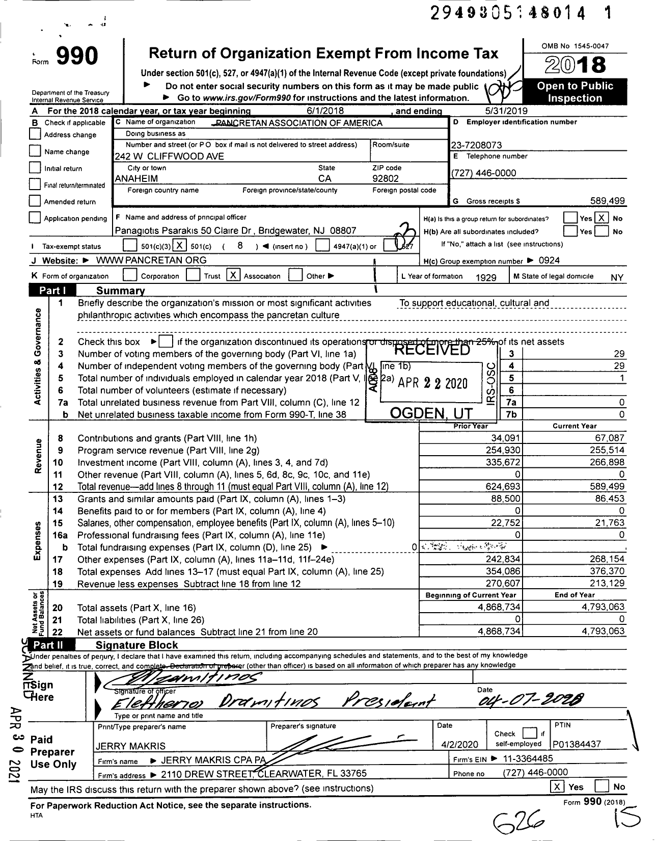 Image of first page of 2018 Form 990 for Pancretan Association of America