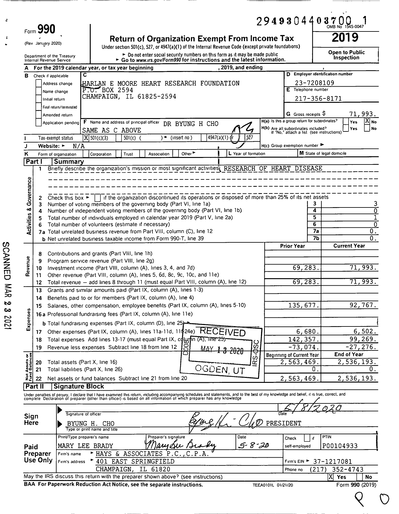 Image of first page of 2019 Form 990 for Harlan E Moore Heart Research Foundation