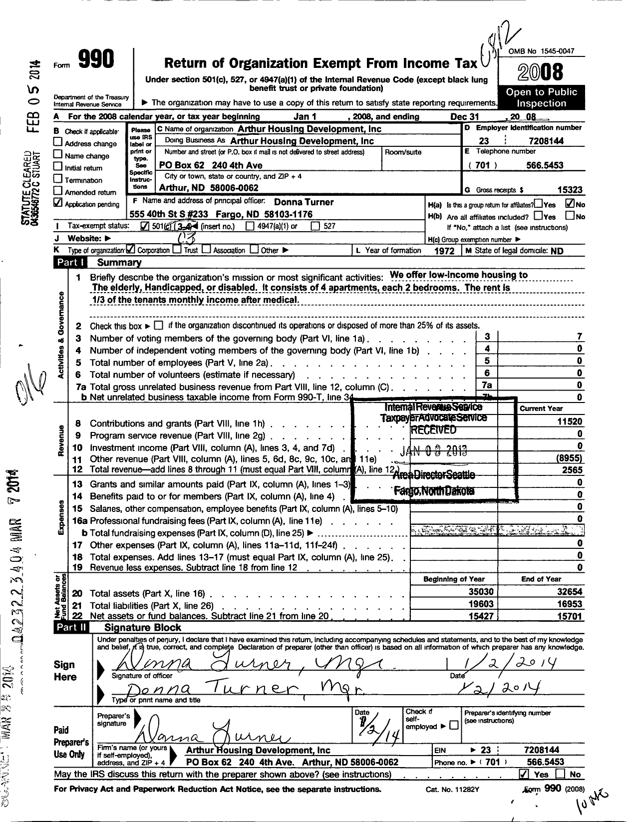 Image of first page of 2008 Form 990 for Arthur Housing Development