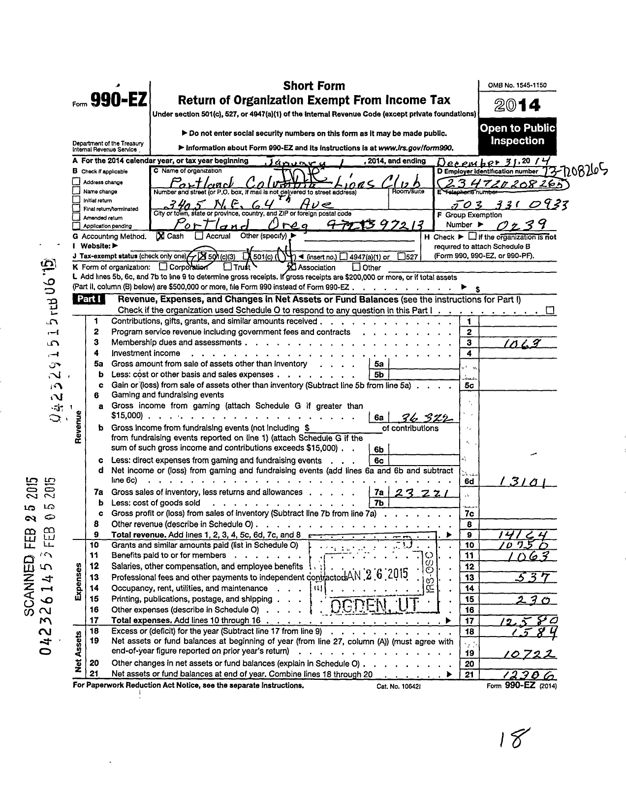 Image of first page of 2014 Form 990EO for Lions Clubs - 12808 Portland Columbia