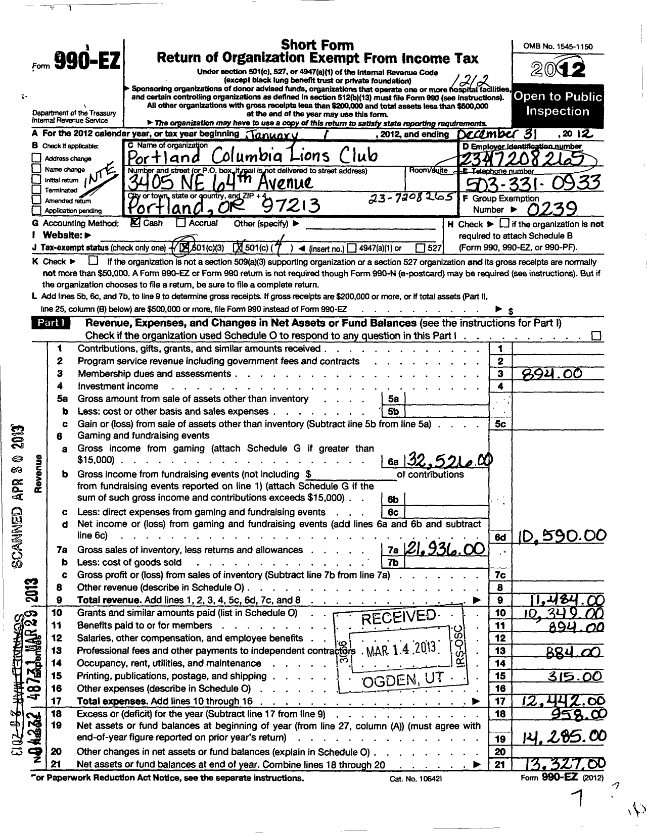 Image of first page of 2012 Form 990EO for Lions Clubs - 12808 Portland Columbia