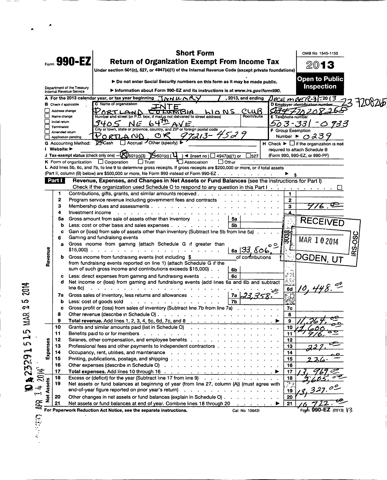 Image of first page of 2013 Form 990EO for Lions Clubs - 12808 Portland Columbia