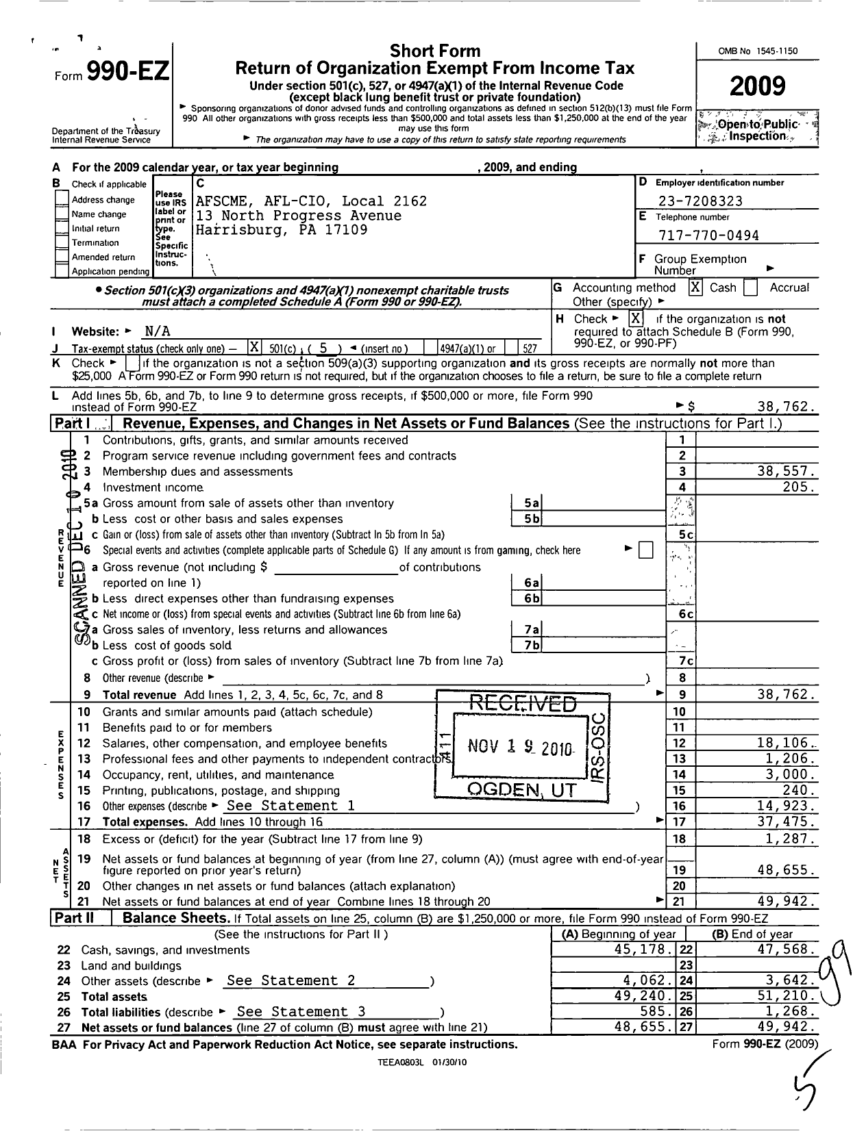 Image of first page of 2009 Form 990EO for American Federation of State County & Municipal Employees - L2162pa Dauphin Co St TRDS LBR